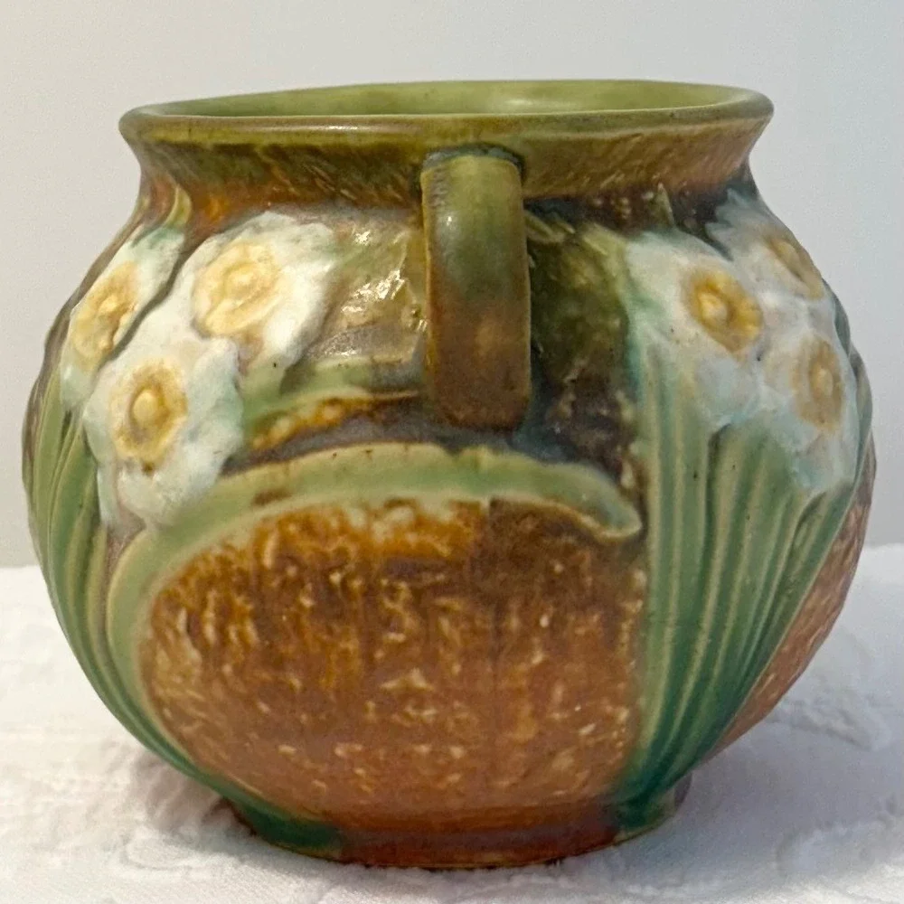 Antique 1930s Roseville Pottery Jonquil Jardiniere Squat Vase Double Handled